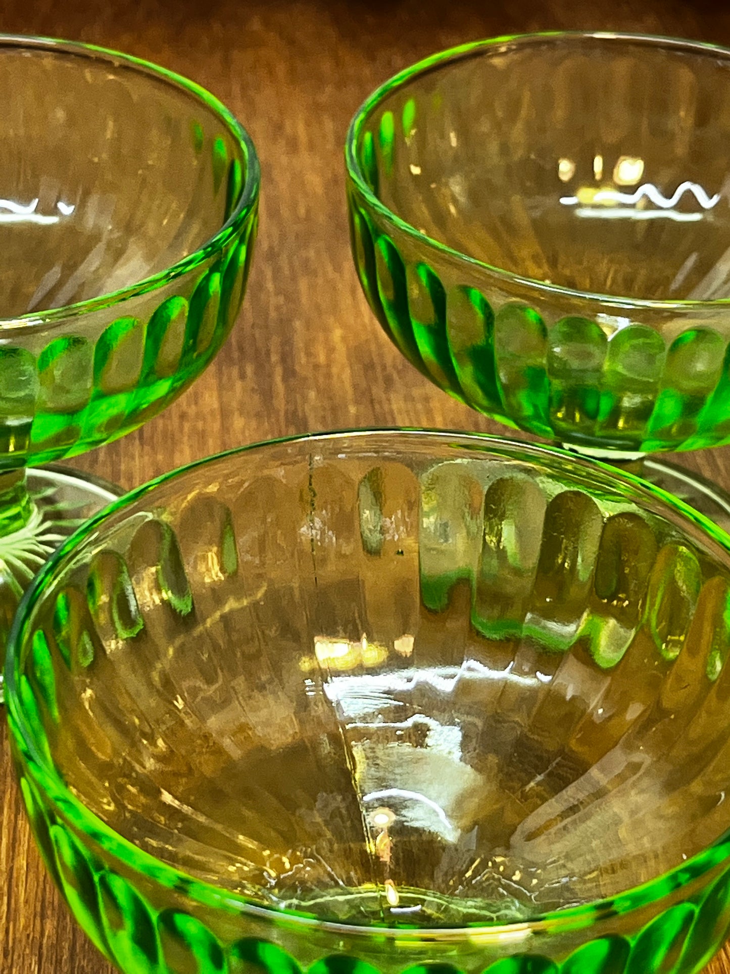 Vintage Uranium Champagne Sherbet Hazel Atlas Green Glass Set