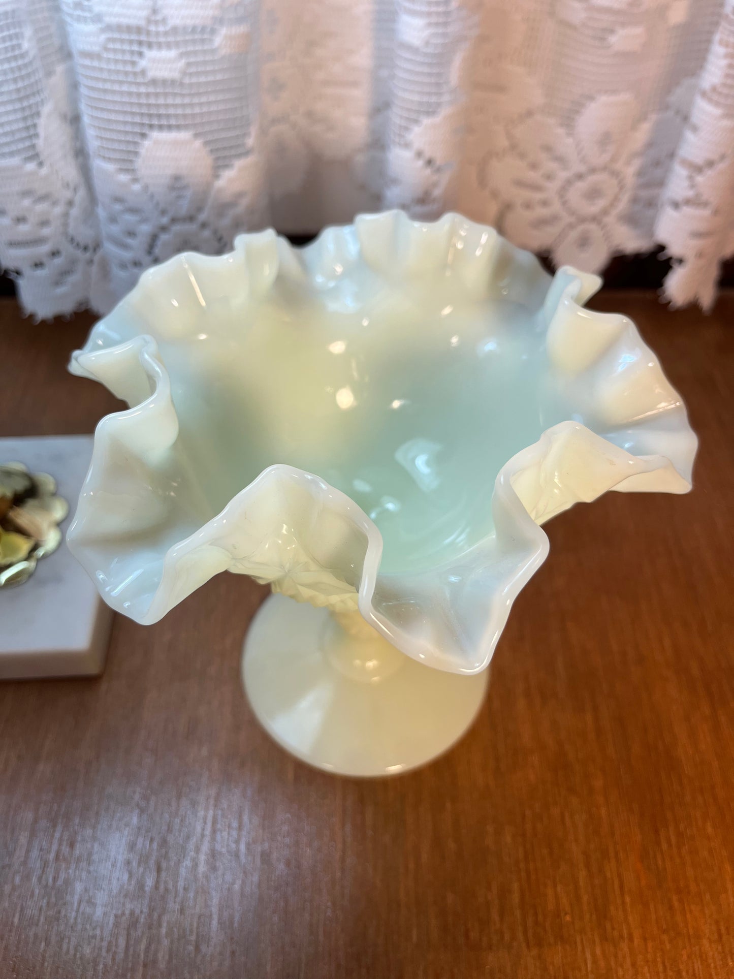 Vintage Fenton Uranium Ruffle Top Pedestal Dish