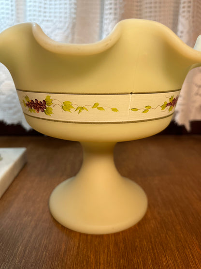 Vintage Fenton Ruffle Top Pedestal With Handpainted Grape Design