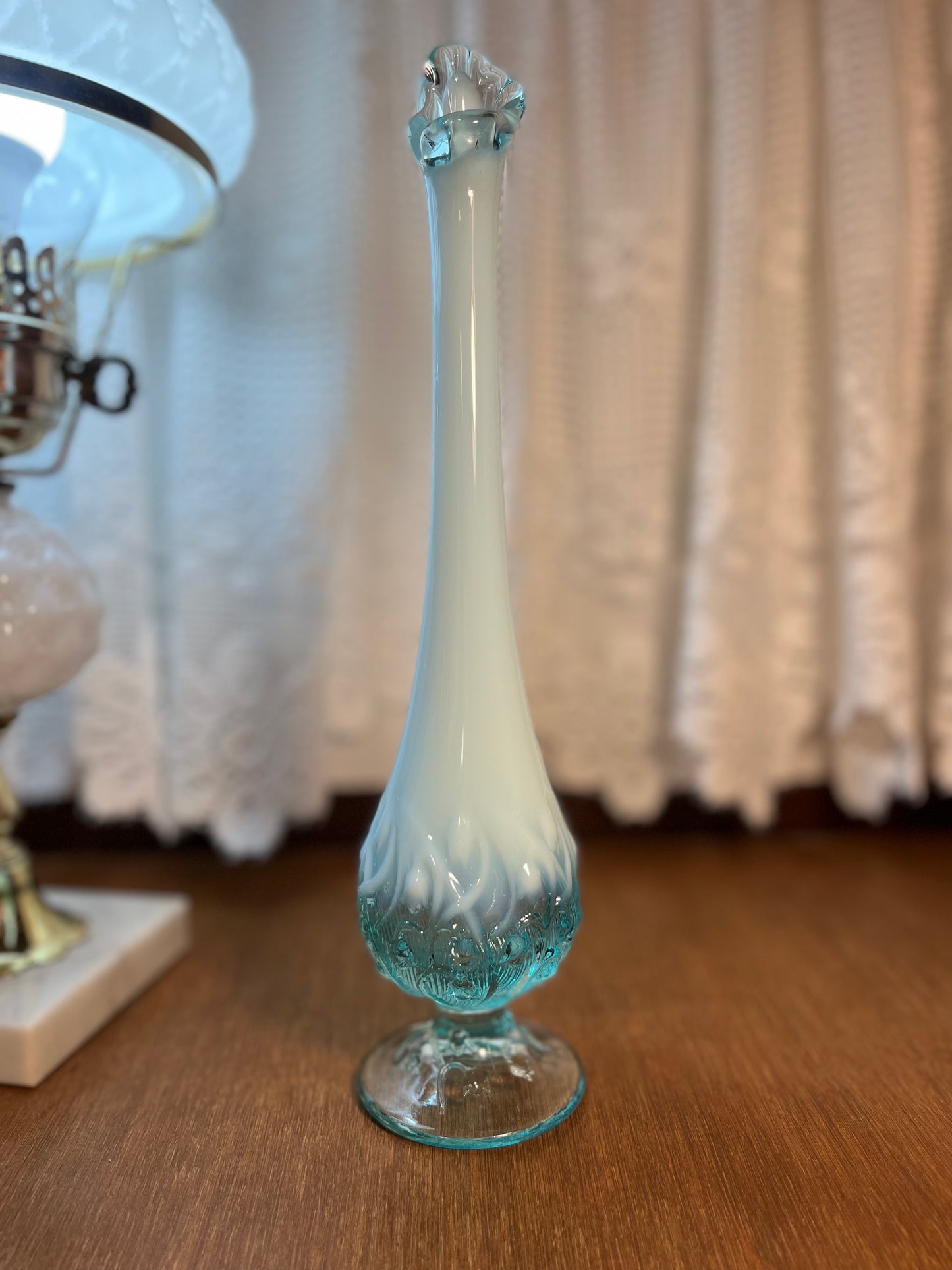 Vintage Fenton Art Glass Aqua Blue and Opalescent Swung Vase