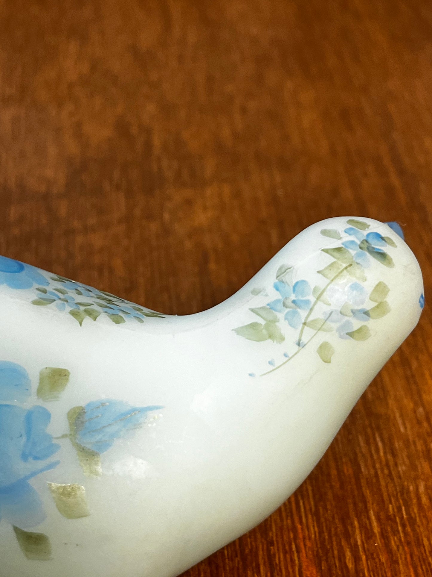 Vintage Blue Satin Hand Painted Fenton Rose Bird