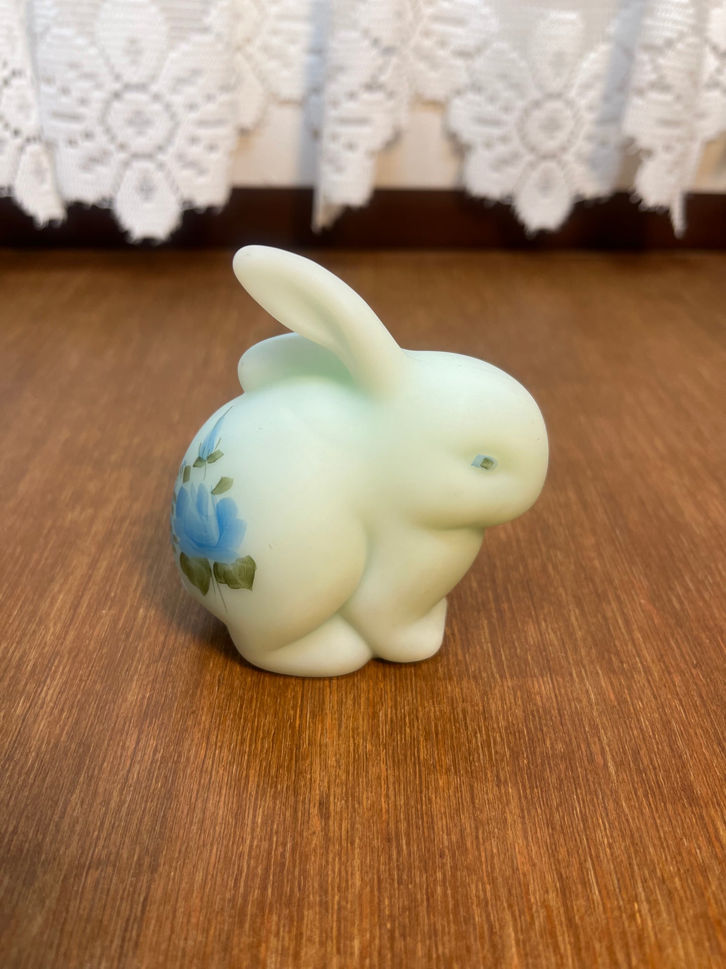 Vintage Blue Satin Hand Painted Fenton Bunny Figurine