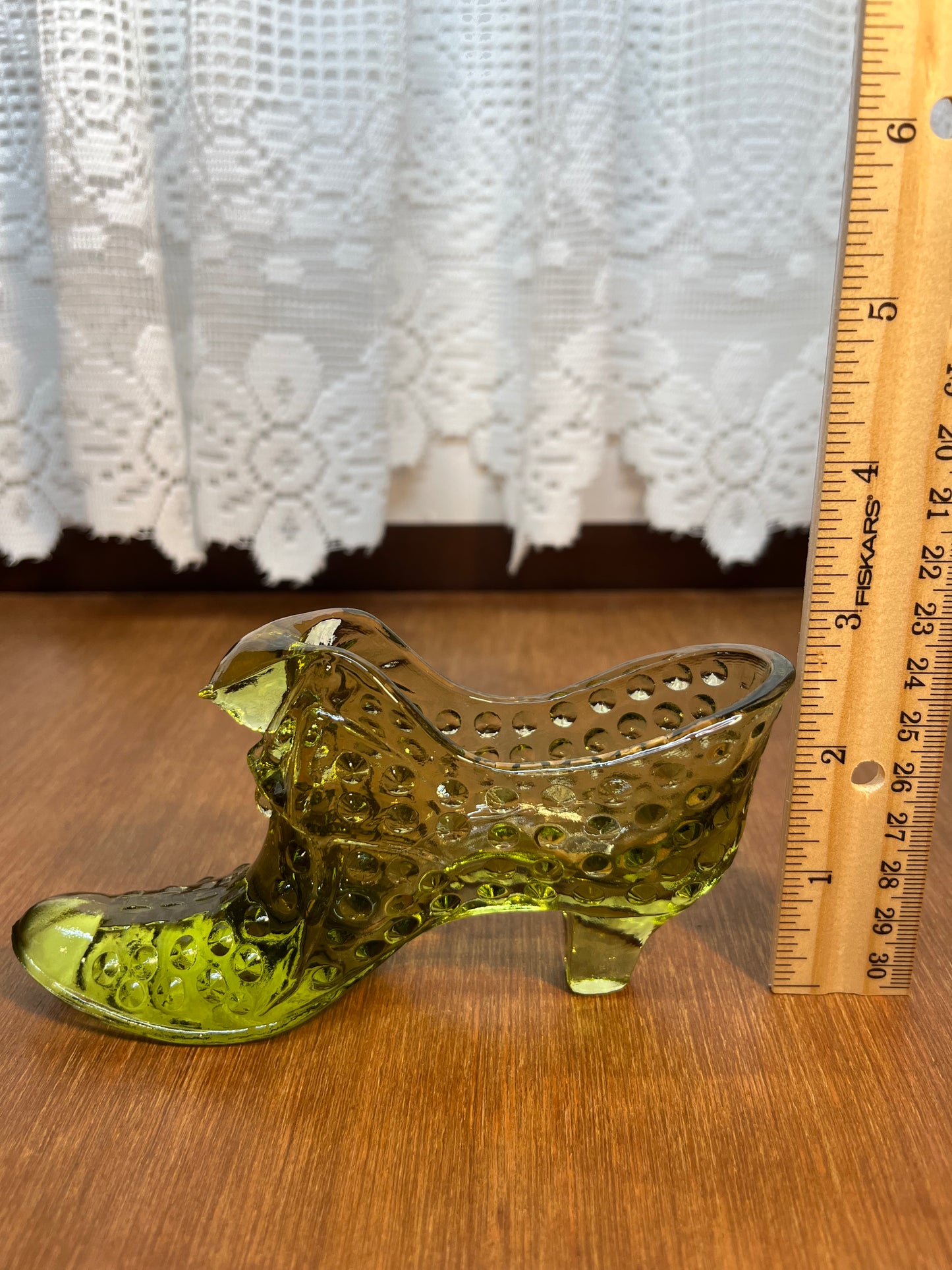 Vintage Hobnail Avocado Green Fenton Art Glass Shoe