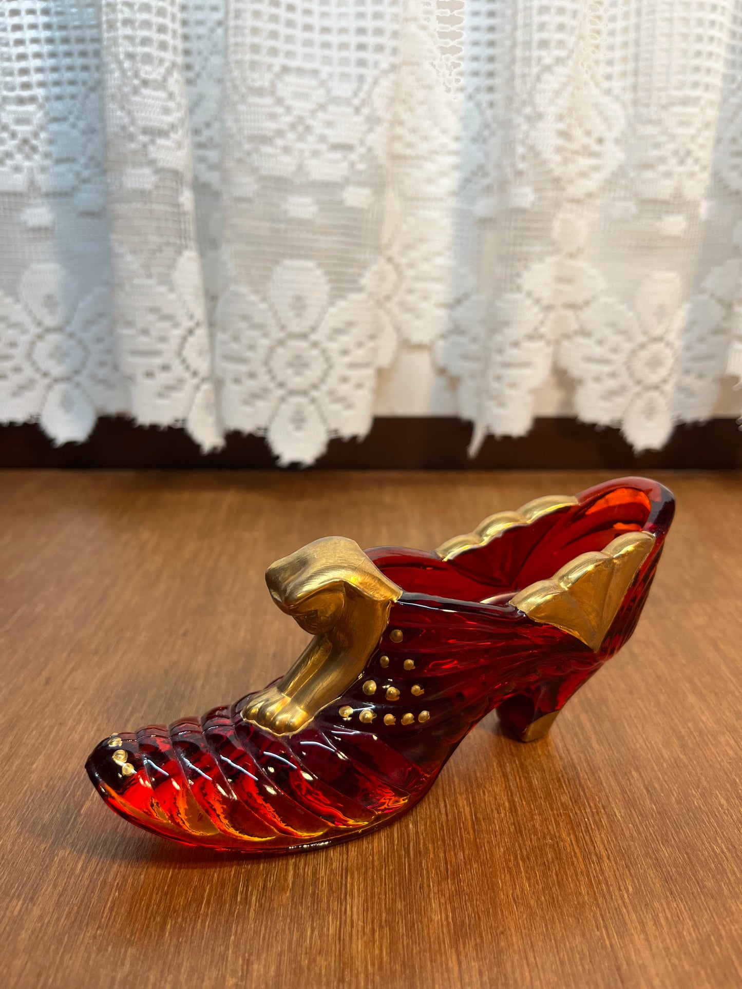 Vintage Ruby Gold Amberina Fenton Art Glass Hand Painted Shoe