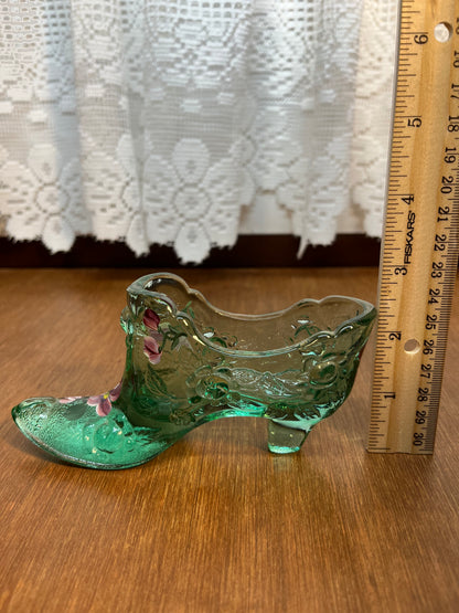 Vintage Green Floral Art Glass Fenton Shoe