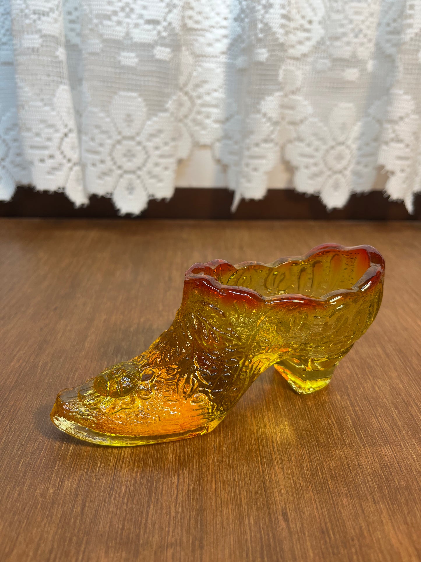 Vintage Amberina Embossed Cabbage Rose Art Glass Shoe