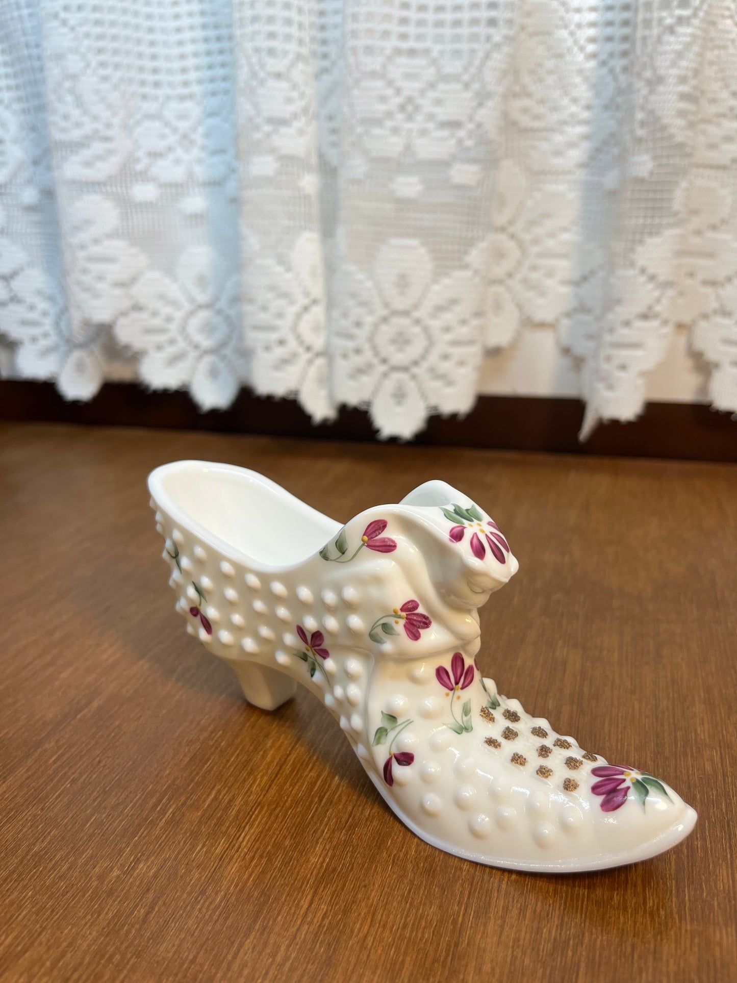 Vintage Hobnail Milk Glass Fenton Hand Painted Shoe