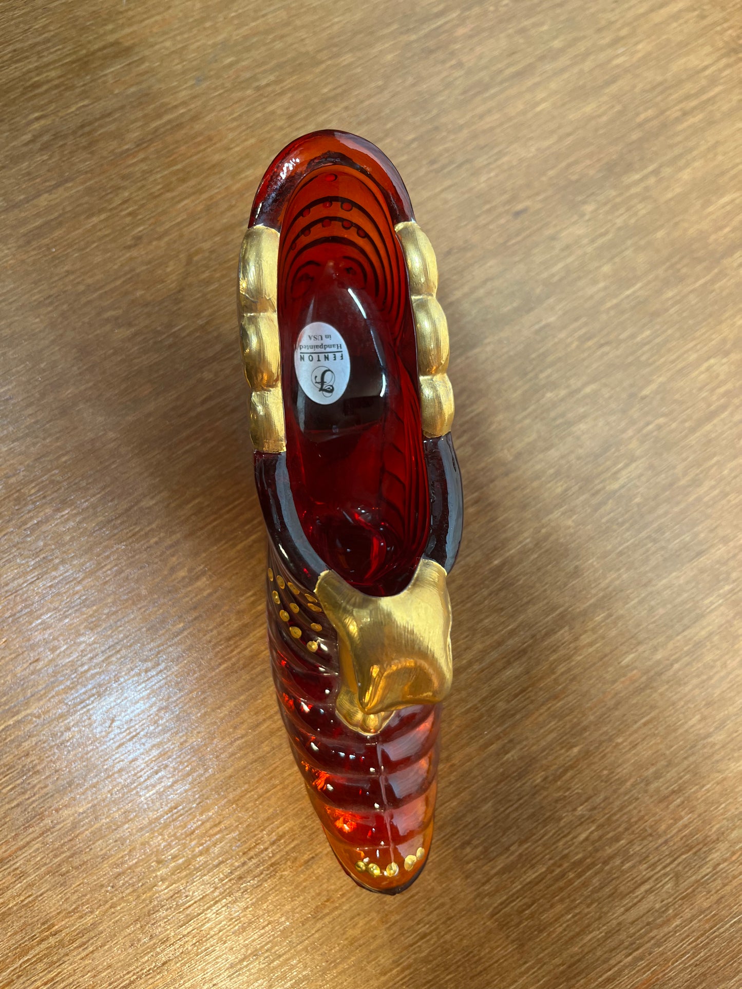 Vintage Ruby Gold Amberina Fenton Art Glass Hand Painted Shoe