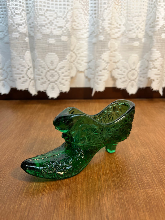 Vintage Forest Green Cat Face Art Glass Shoe