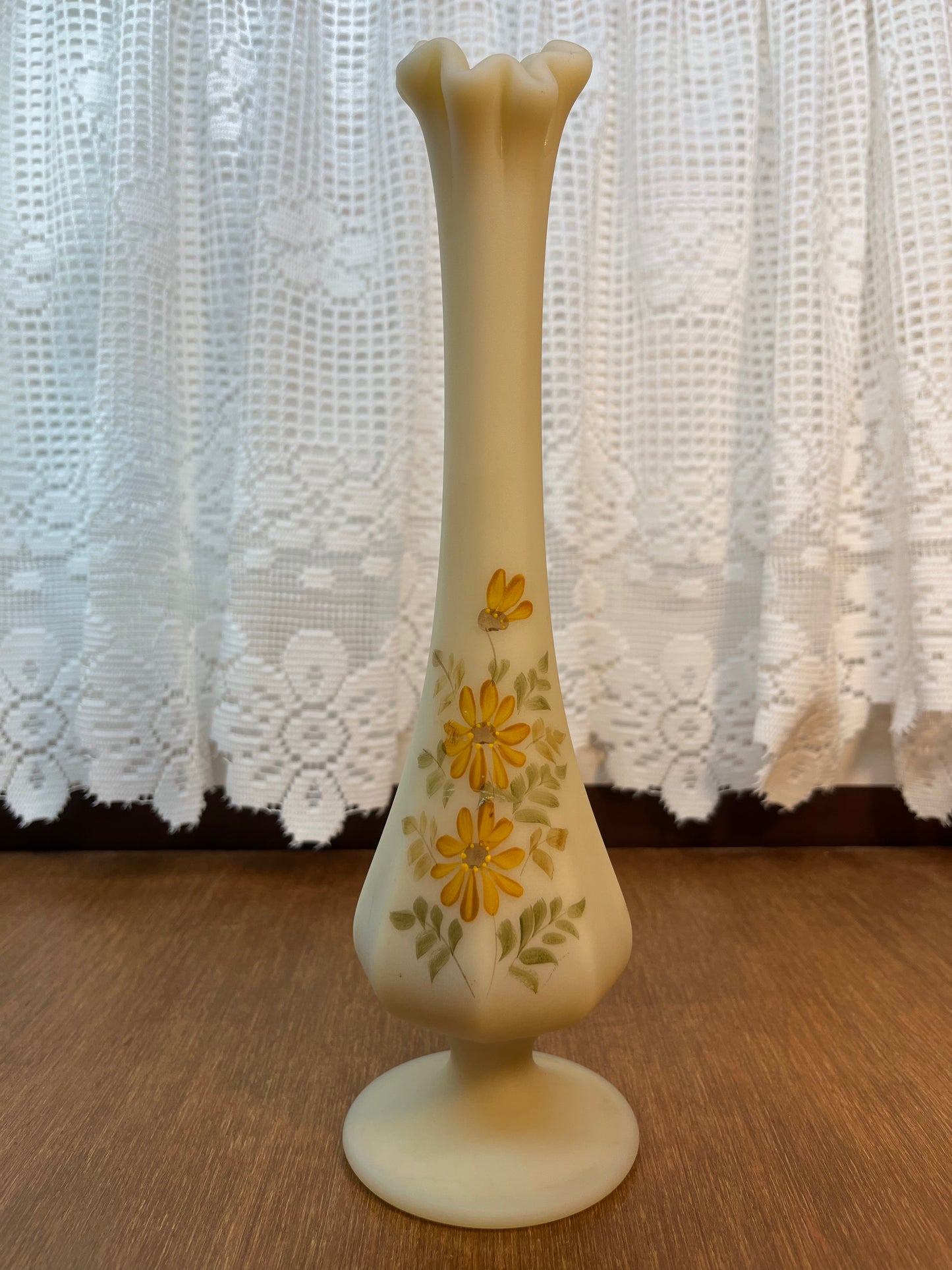 Vintage Fenton Custard Glass Hand Painted Daisy Bud Vase