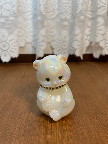 Art Glass Signed Opalescent Hand Painted Bear With Rhinestone Collar T.Gaskins