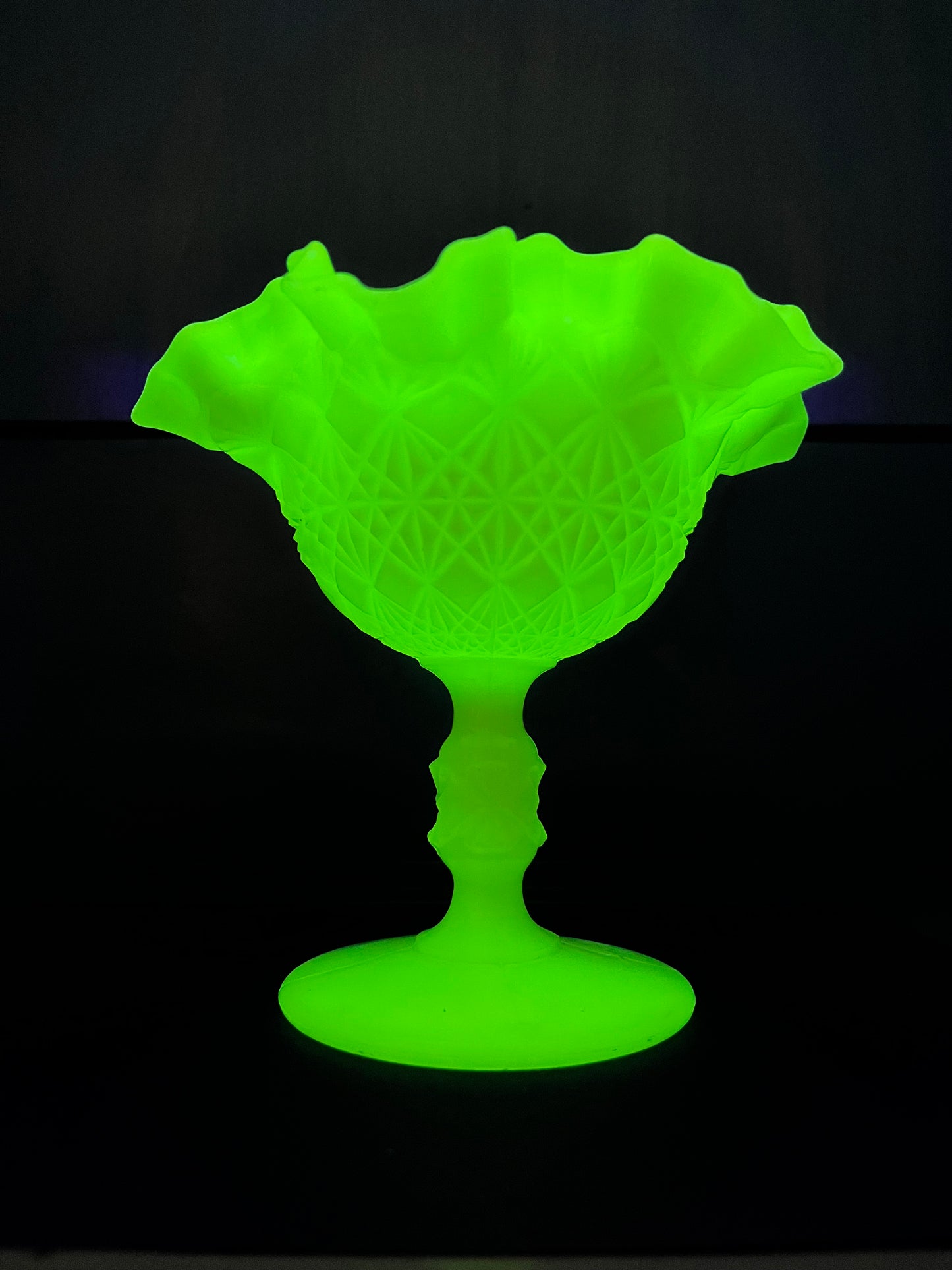 Vintage Fenton Uranium Ruffle Top Pedestal Dish