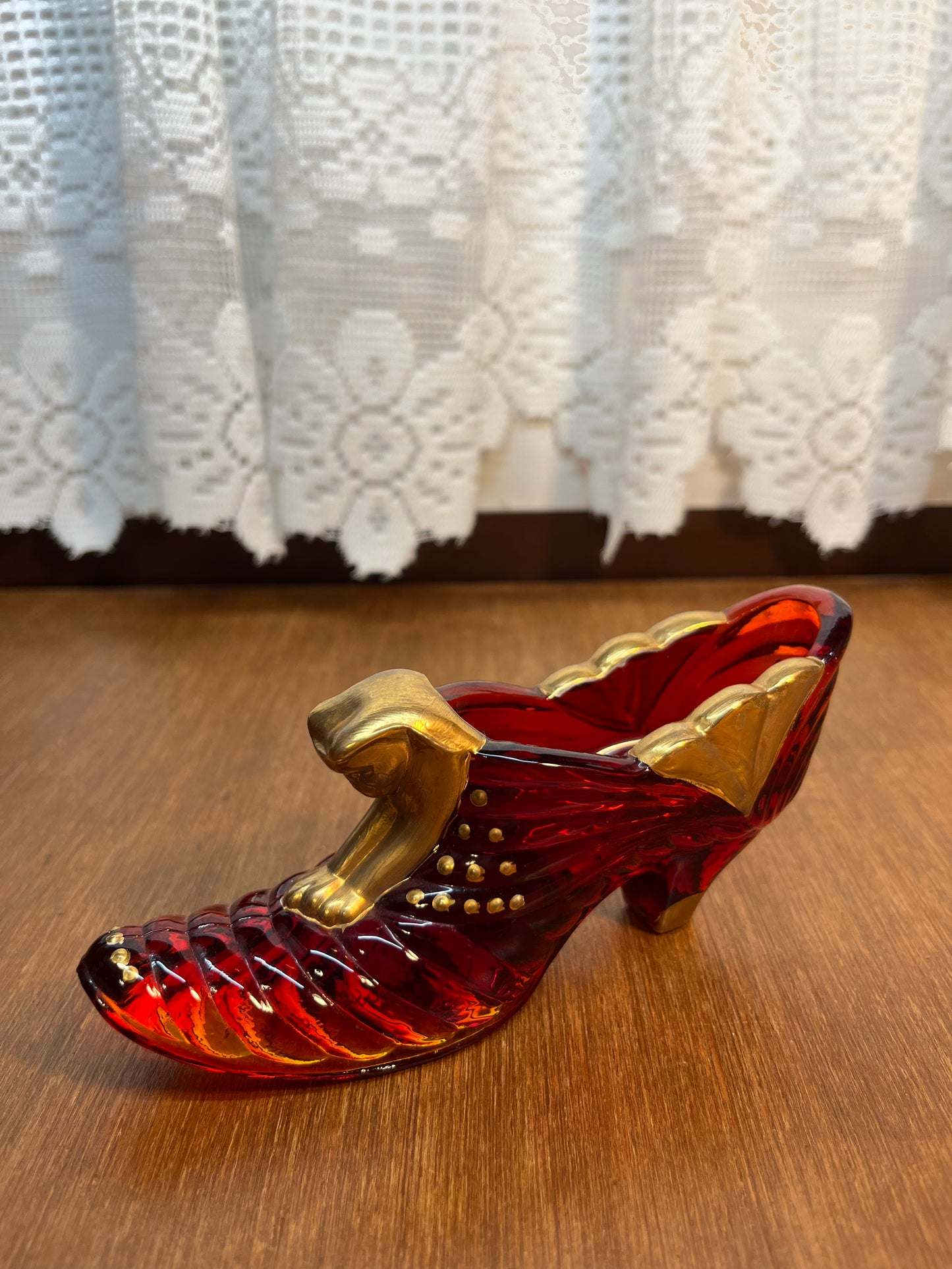 Vintage Ruby Gold Amberina Fenton Art Glass Hand Painted Shoe