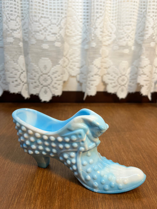 Vintage Blue & White Hobnail Fenton Art Glass Shoe