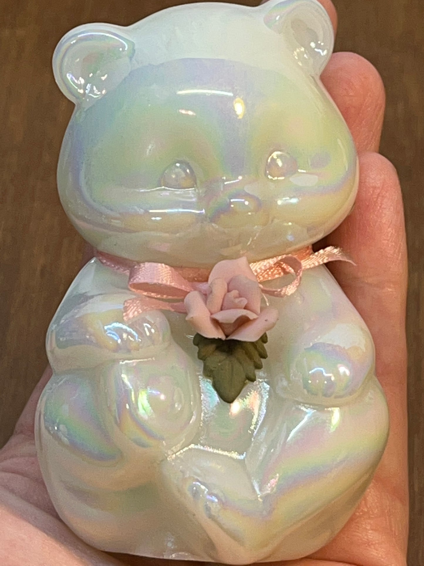 Art Glass Fenton Opalescent Bear With Pink Ribbon & Flower