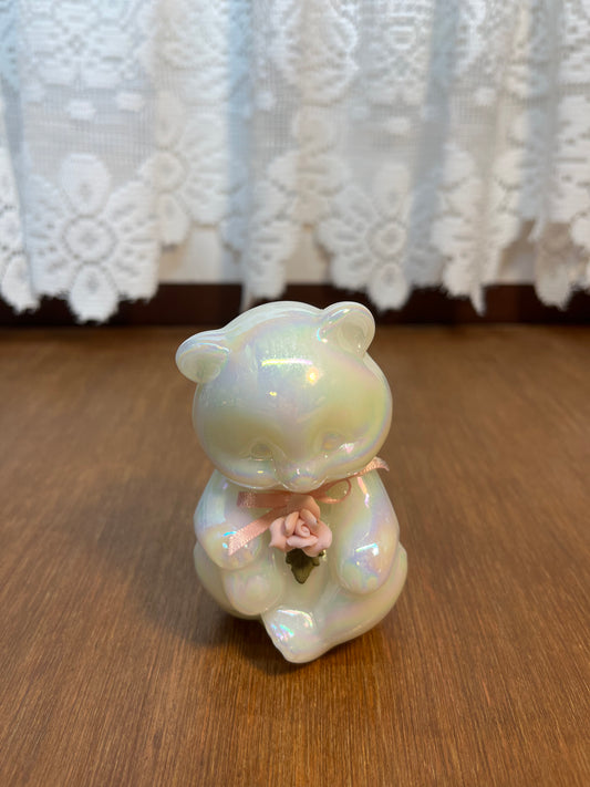 Art Glass Fenton Opalescent Bear With Pink Ribbon & Flower