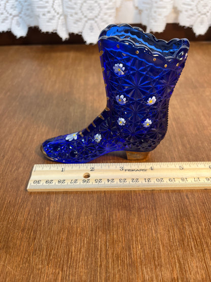 Cobalt Blue Hobnail Hand Painted Fenton Daisy Boot