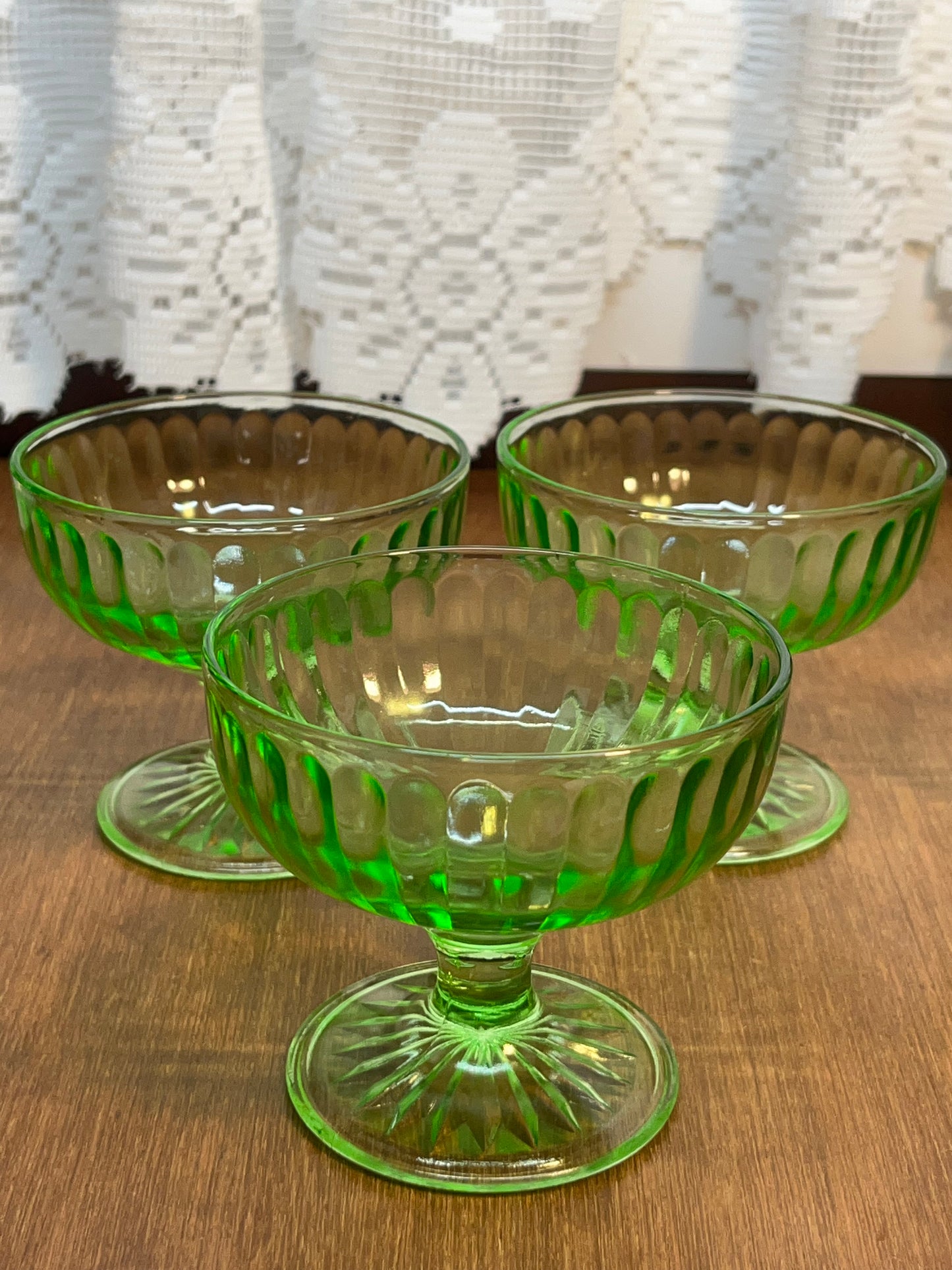 Vintage Uranium Champagne Sherbet Hazel Atlas Green Glass Set