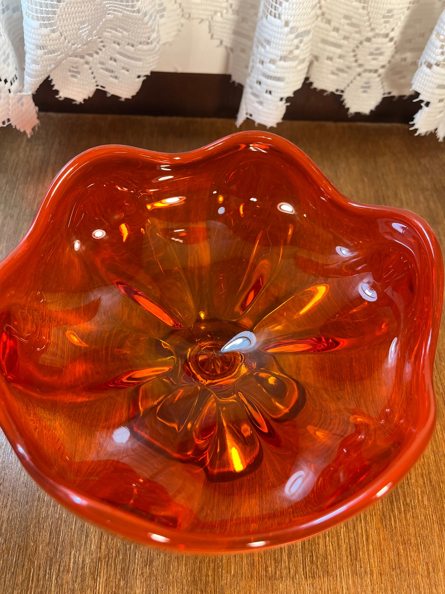 Vintage Viking Glass Orange Amberina Pedestal Bowl