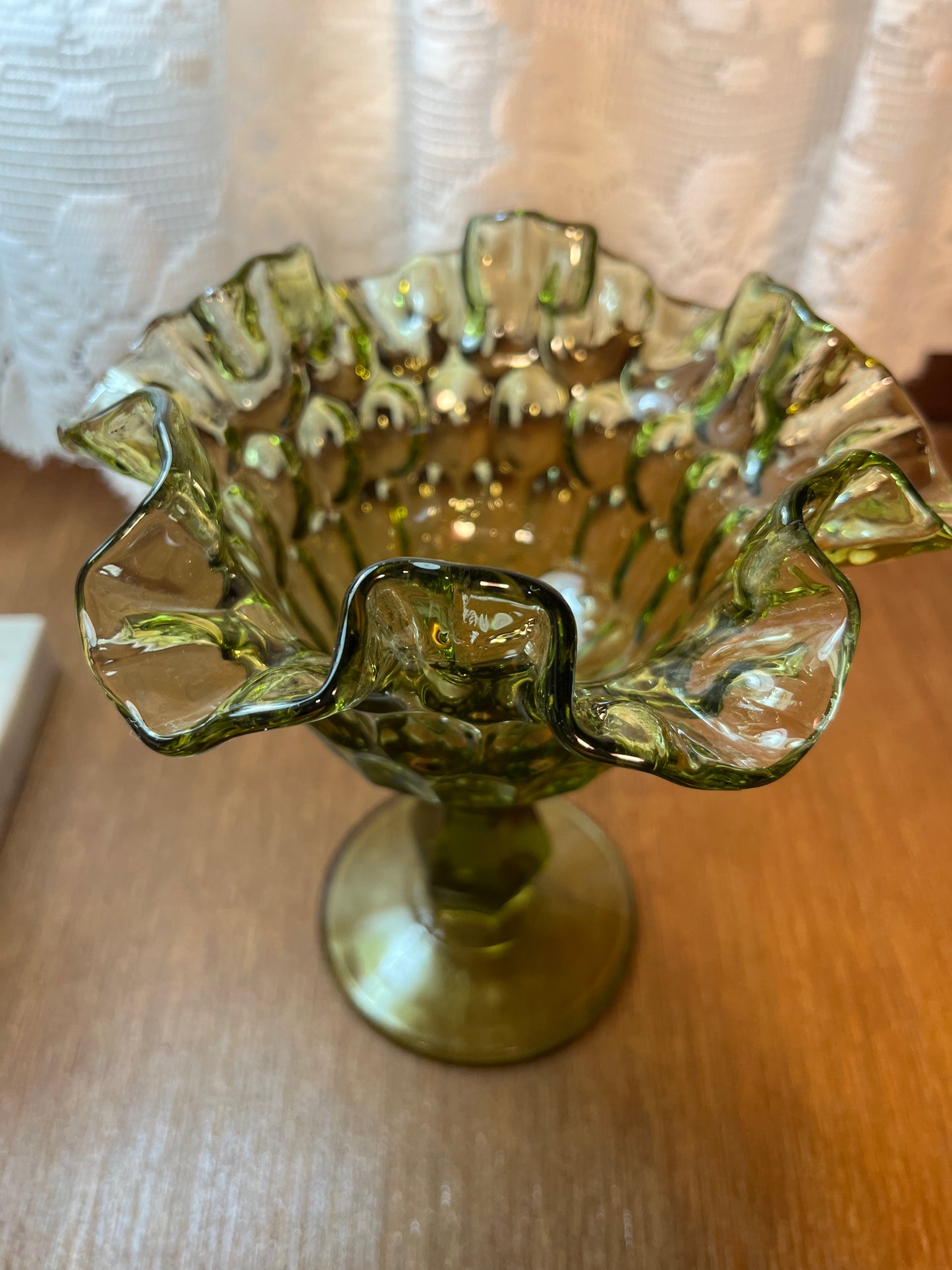 Vintage Fenton Green Ruffle Top Thumb Print Compote Pedestal Bowl