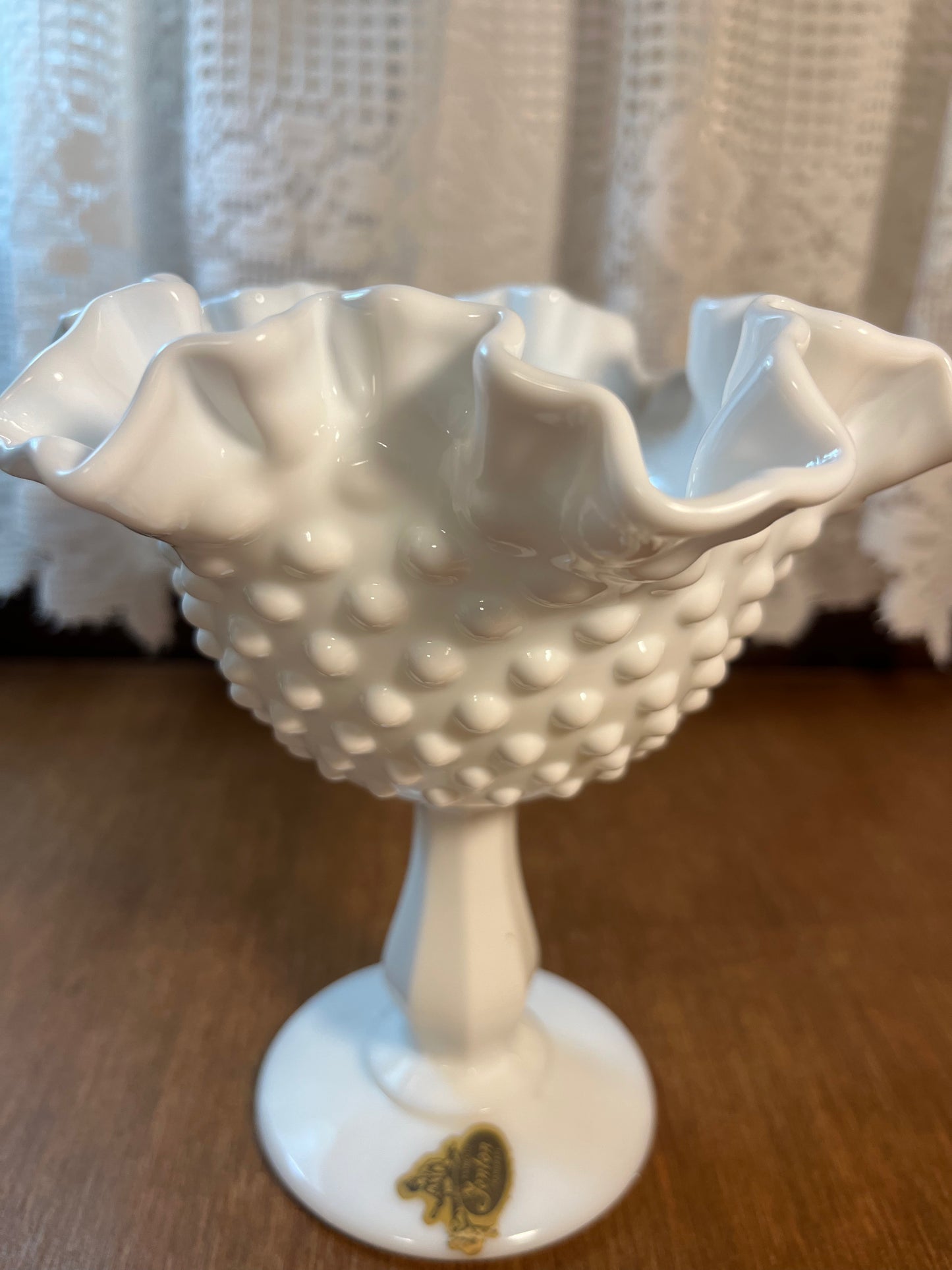 Vintage Fenton Ruffle Top Hobnail Pedestal Dish