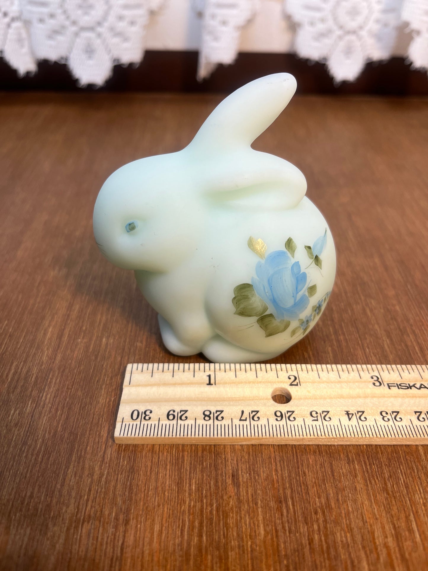 Vintage Blue Satin Hand Painted Fenton Bunny Figurine