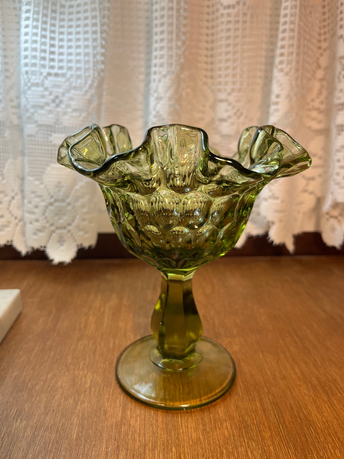 Vintage Fenton Green Ruffle Top Thumb Print Compote Pedestal Bowl