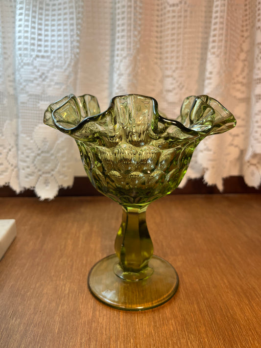 Vintage Fenton Green Ruffle Top Thumb Print Compote Pedestal Bowl