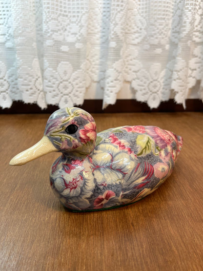 Vintage Ceramic Glazed Floral Duck Statue