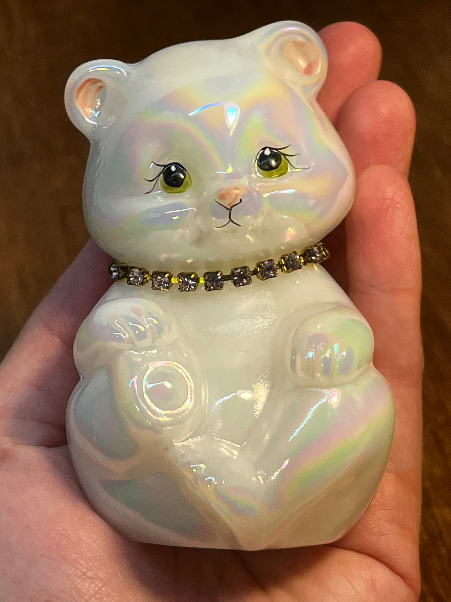 Art Glass Signed Opalescent Hand Painted Bear With Rhinestone Collar T.Gaskins