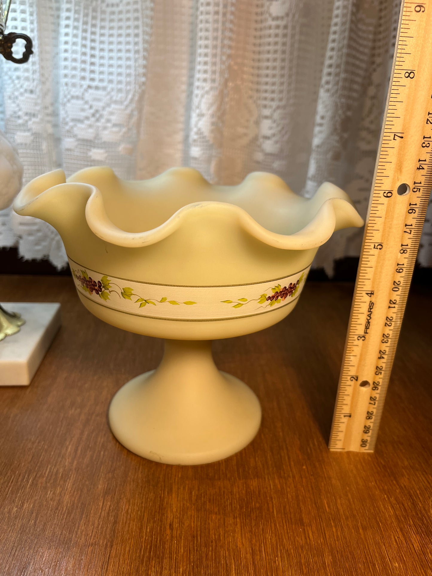 Vintage Fenton Ruffle Top Pedestal With Handpainted Grape Design