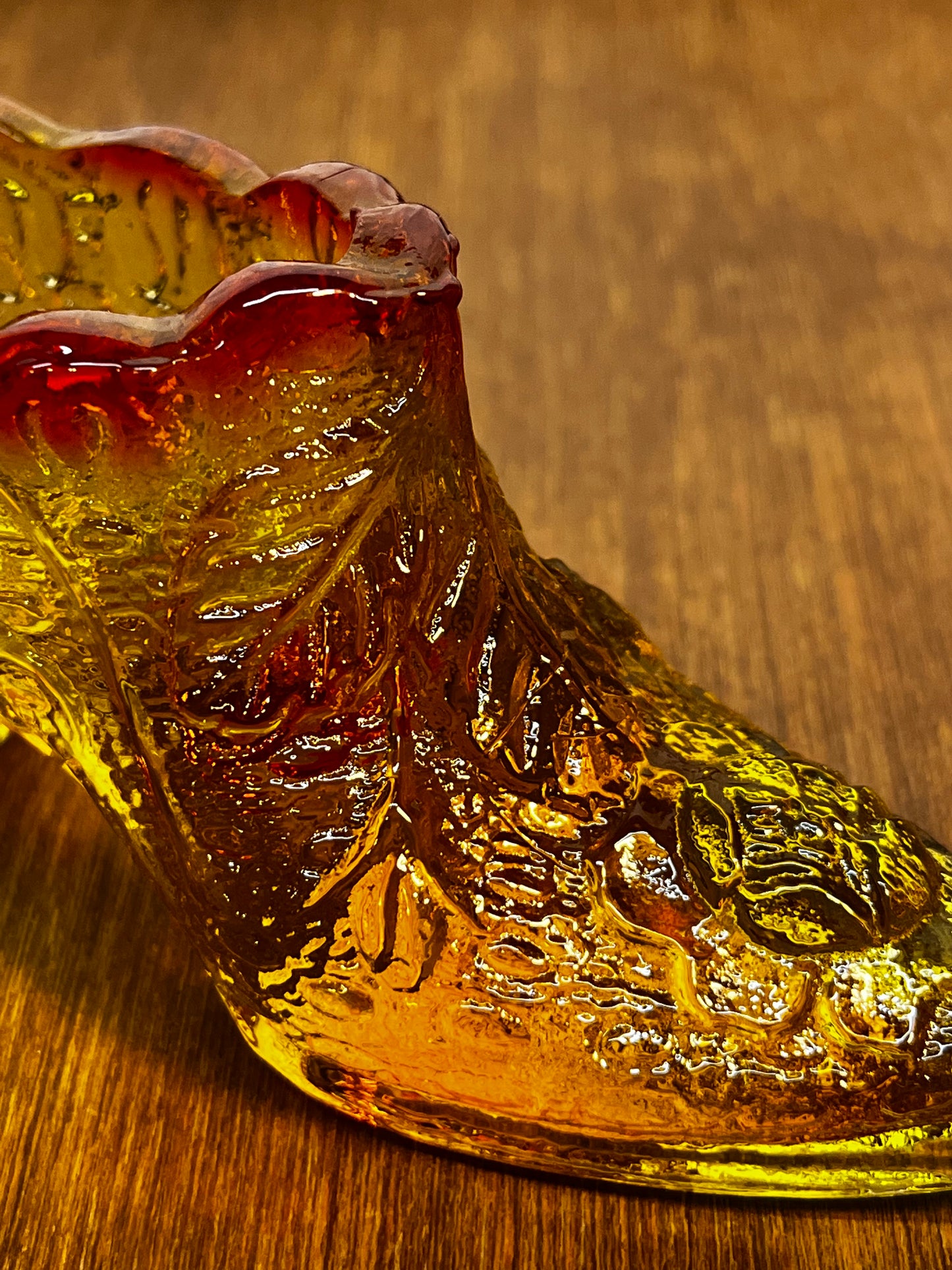 Vintage Amberina Embossed Cabbage Rose Art Glass Shoe