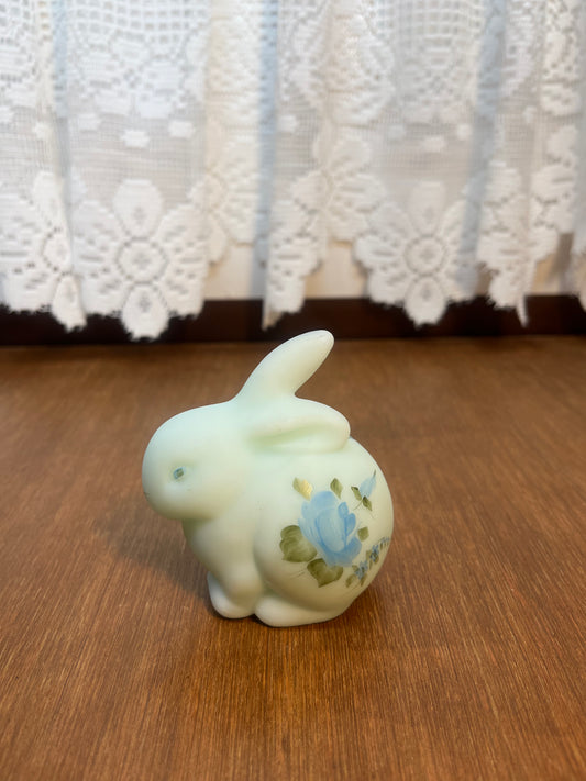 Vintage Blue Satin Hand Painted Fenton Bunny Figurine