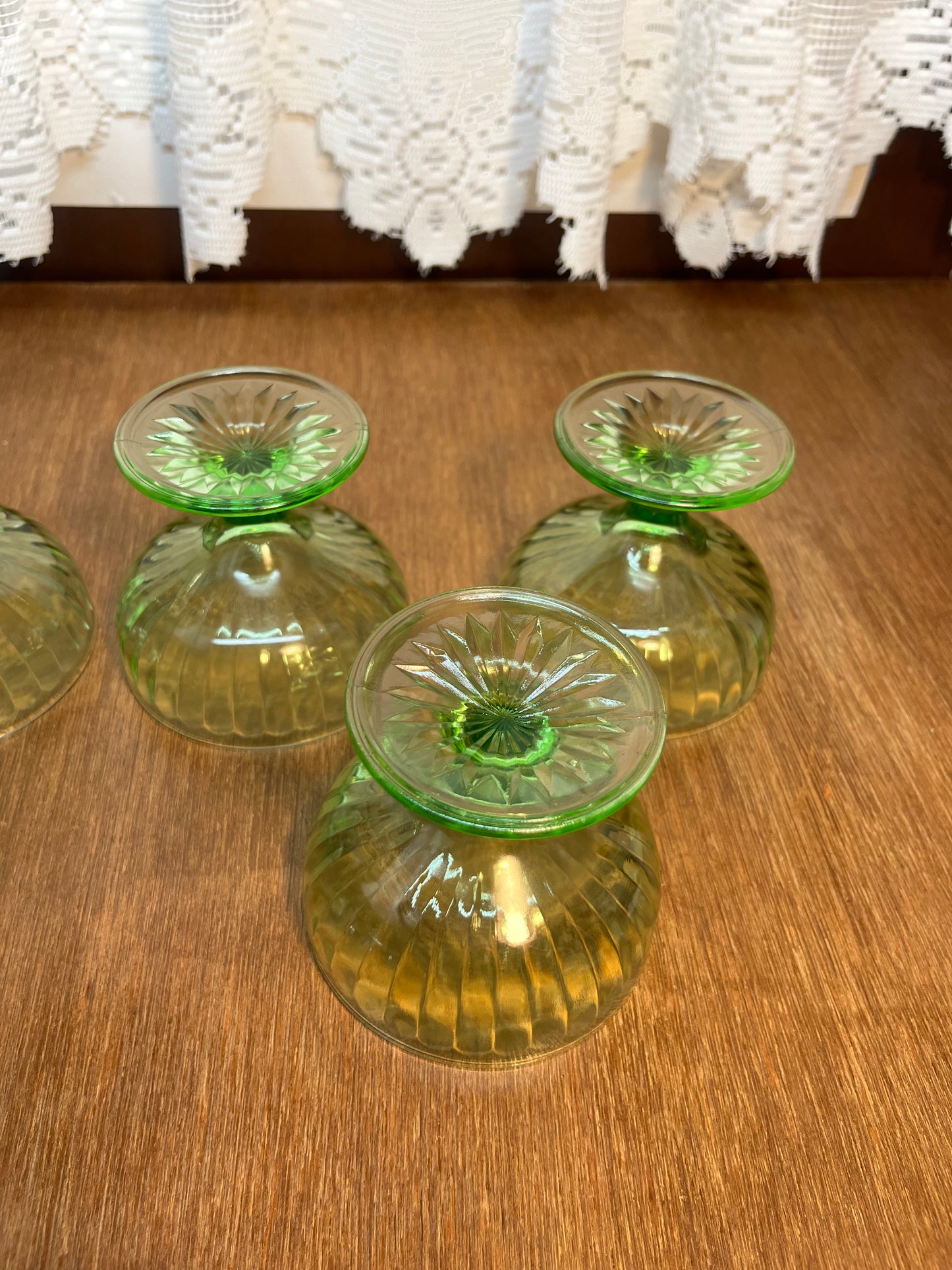 Vintage Uranium Champagne Sherbet Hazel Atlas Green Glass Set