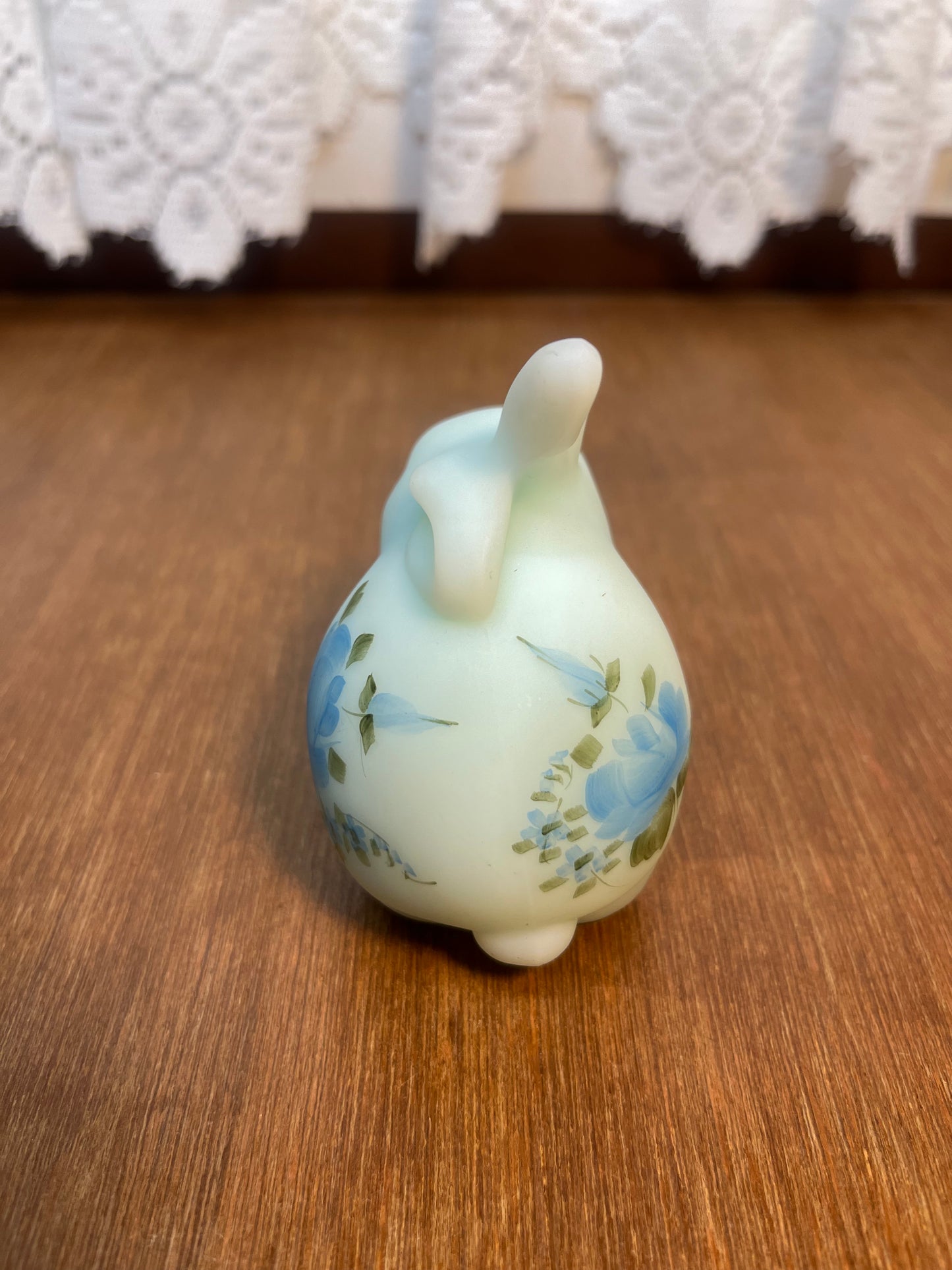 Vintage Blue Satin Hand Painted Fenton Bunny Figurine