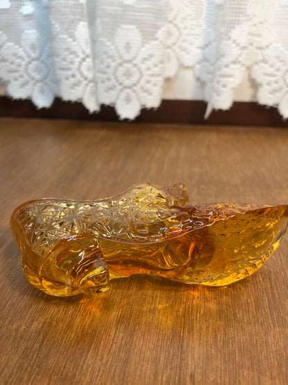 Vintage Amber Cat Face Art Glass Shoe