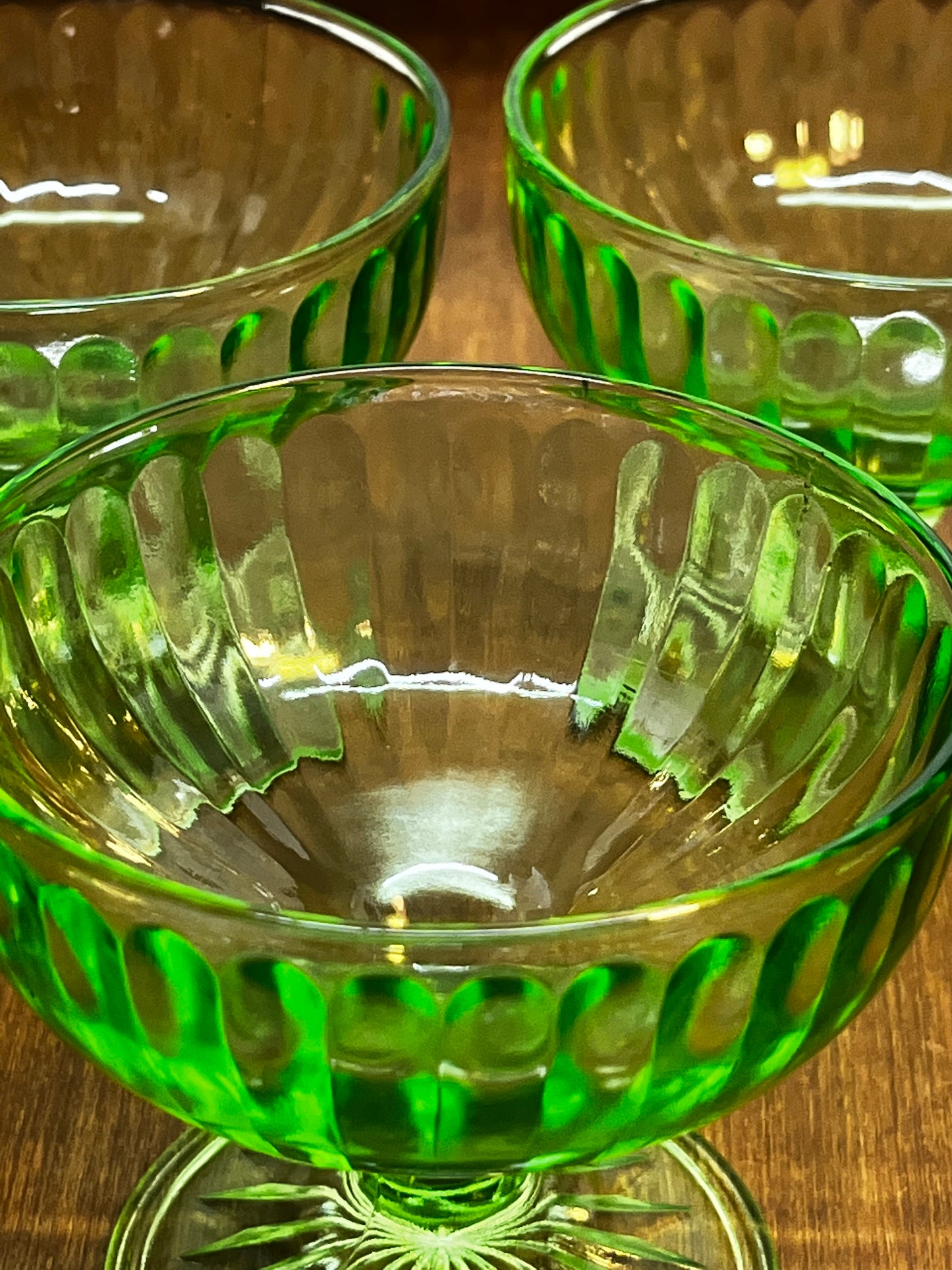 Vintage Uranium Champagne Sherbet Hazel Atlas Green Glass Set