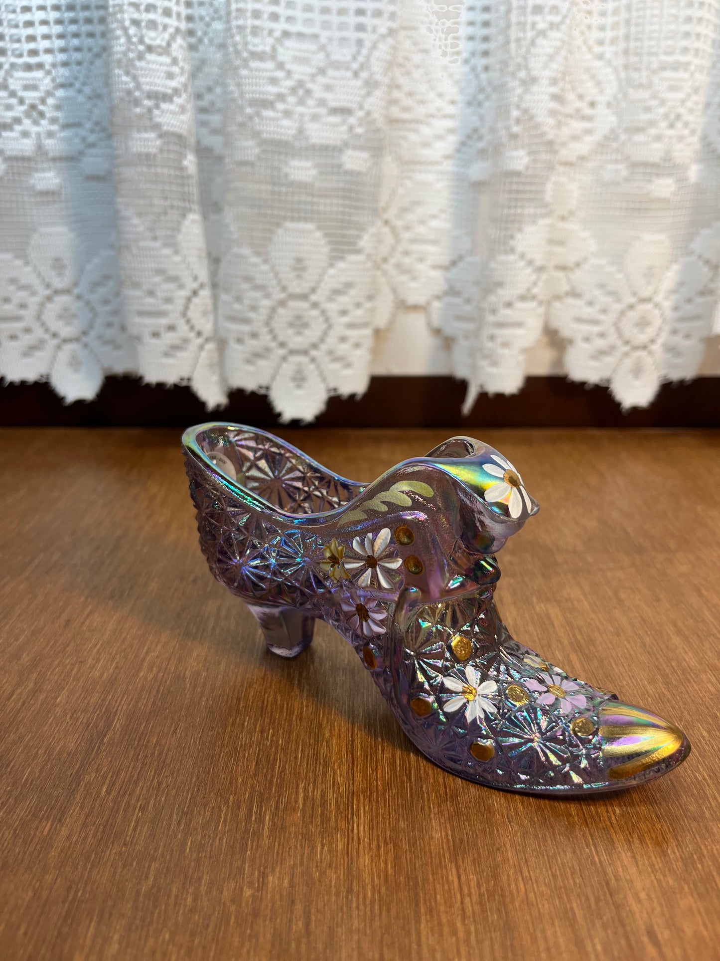 Iridescent Lilac 95th Anniversary Art Glass Fenton Hand Painted Shoe