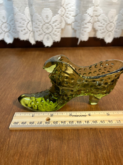 Vintage Hobnail Avocado Green Fenton Art Glass Shoe