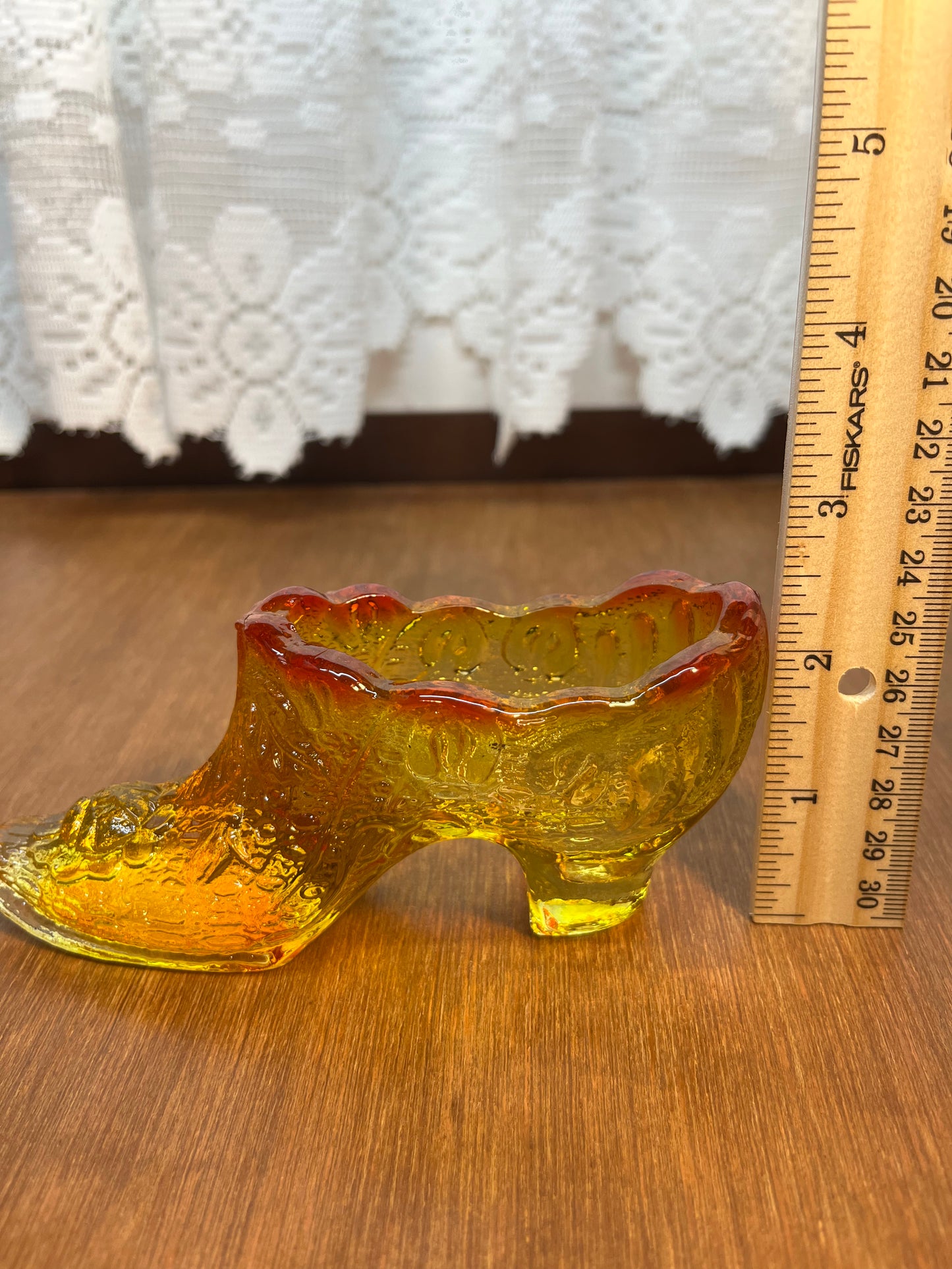 Vintage Amberina Embossed Cabbage Rose Art Glass Shoe