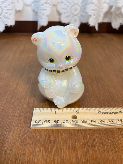 Art Glass Signed Opalescent Hand Painted Bear With Rhinestone Collar T.Gaskins