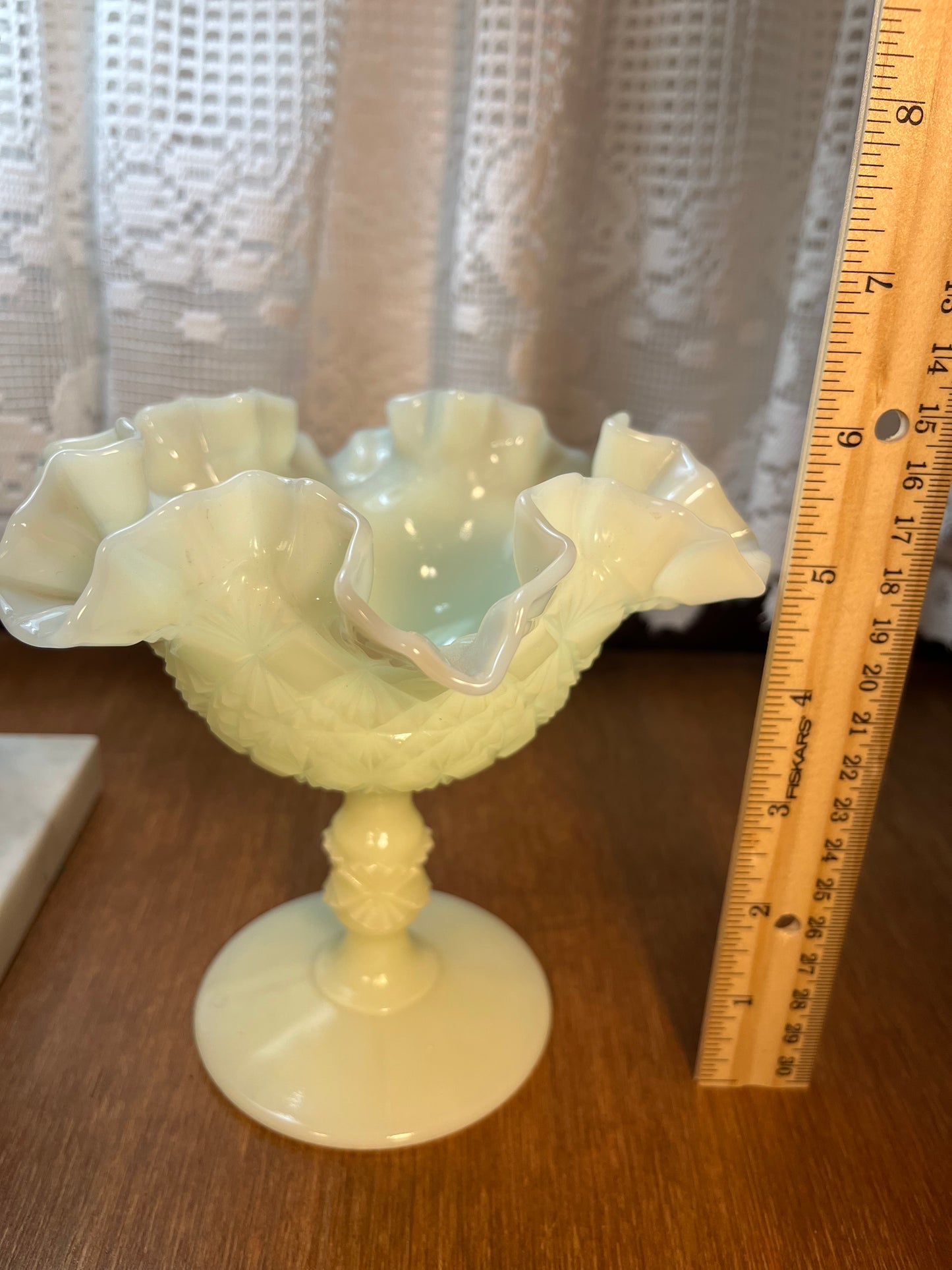 Vintage Fenton Uranium Ruffle Top Pedestal Dish