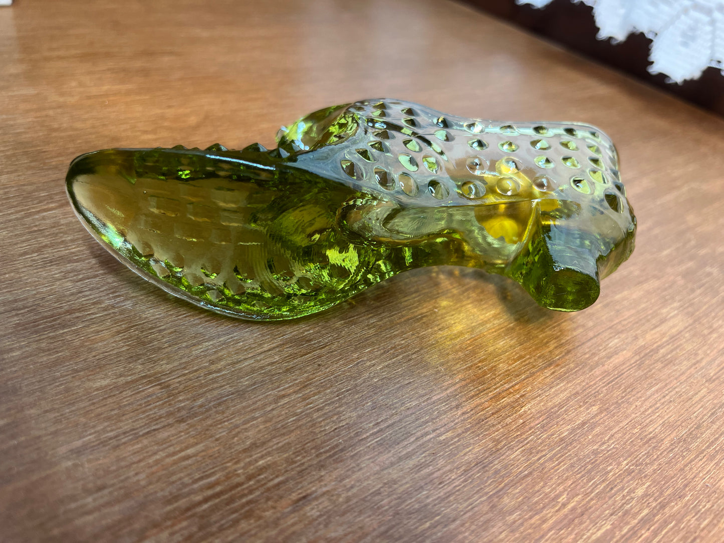 Vintage Hobnail Avocado Green Fenton Art Glass Shoe