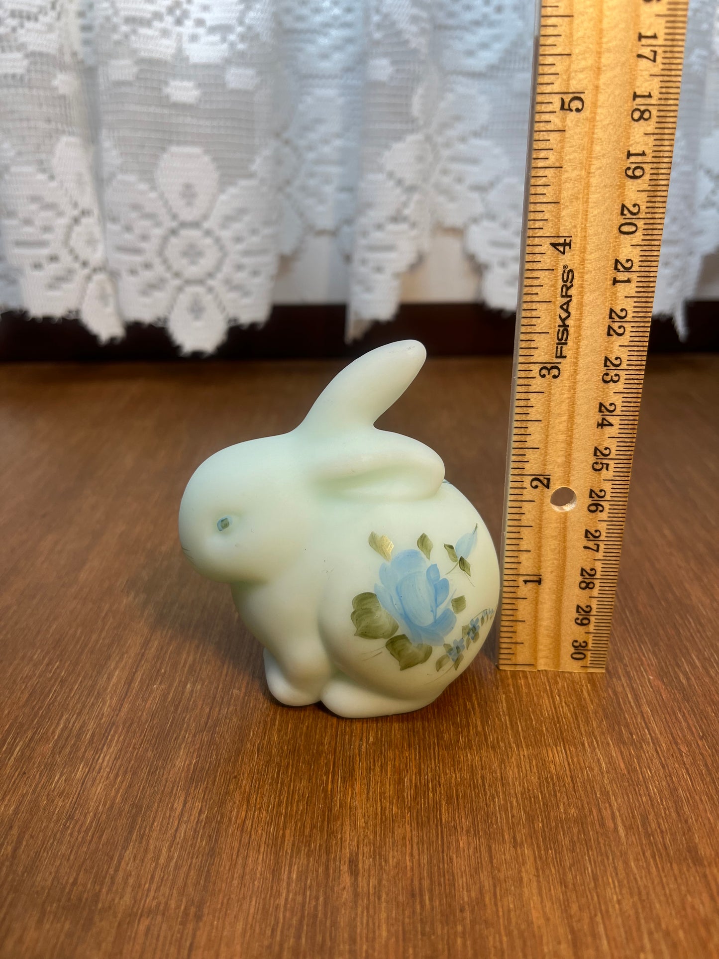 Vintage Blue Satin Hand Painted Fenton Bunny Figurine