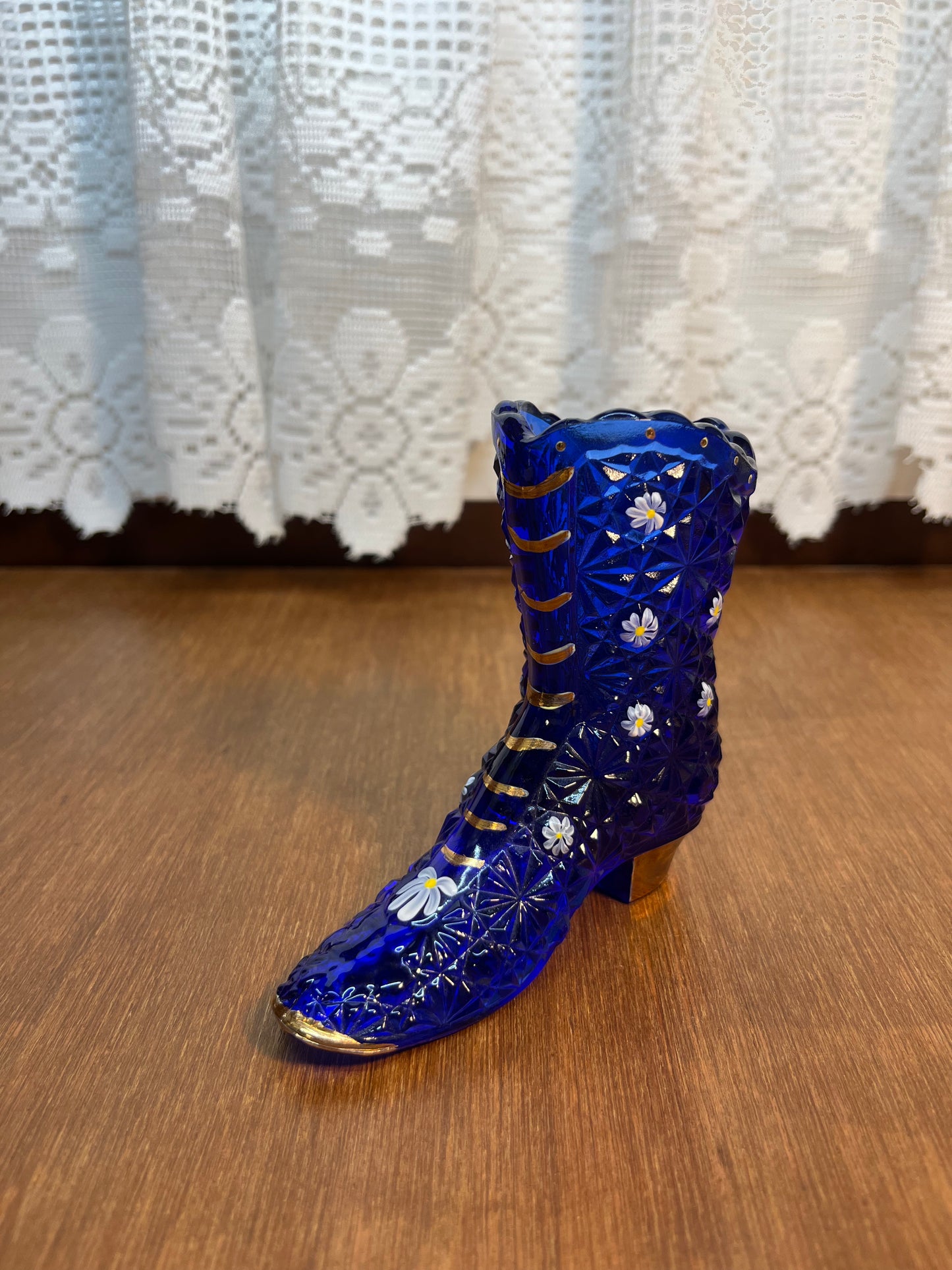 Cobalt Blue Hobnail Hand Painted Fenton Daisy Boot