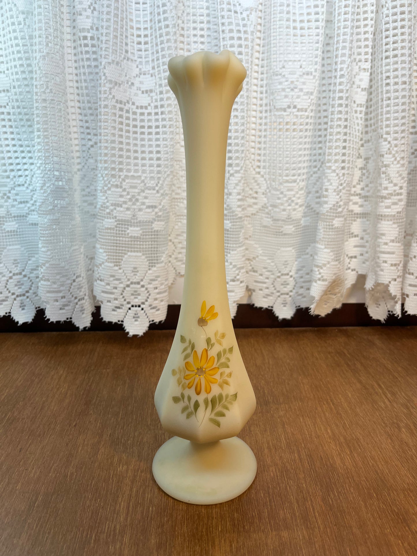 Vintage Fenton Custard Glass Hand Painted Daisy Bud Vase