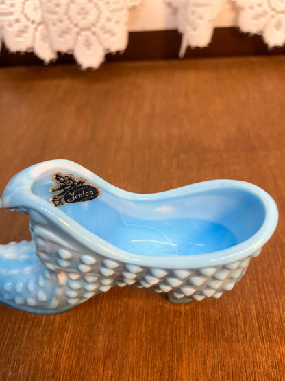 Vintage Blue & White Hobnail Fenton Art Glass Shoe With Sticker