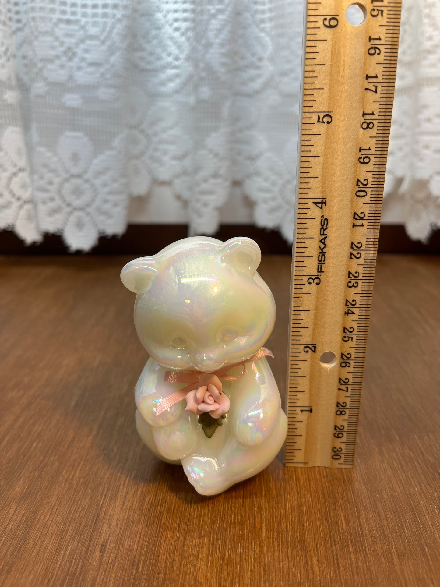 Art Glass Fenton Opalescent Bear With Pink Ribbon & Flower