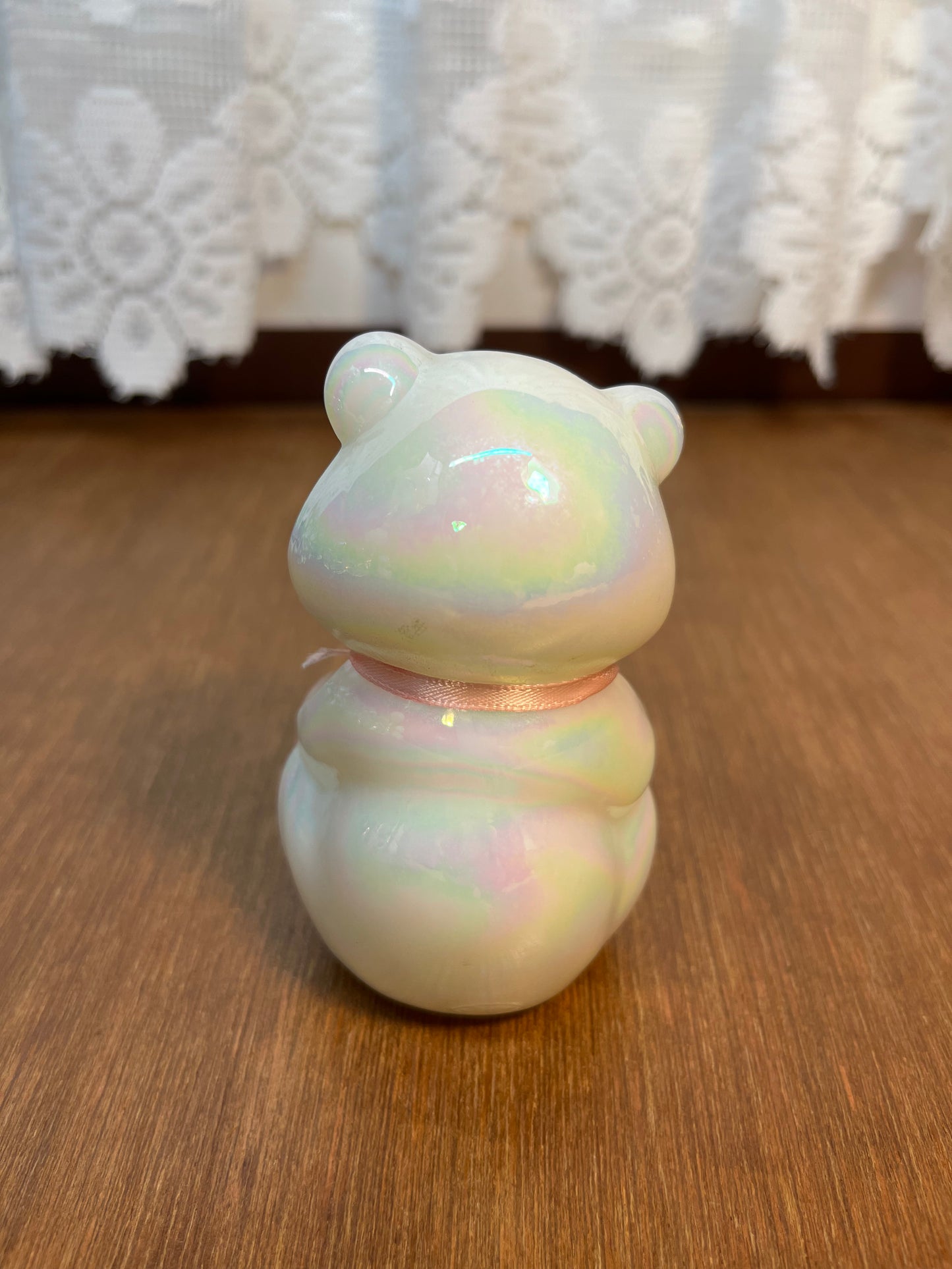 Art Glass Fenton Opalescent Bear With Pink Ribbon & Flower