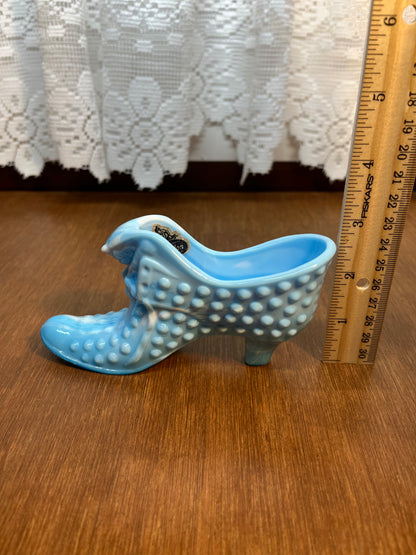 Vintage Blue & White Hobnail Fenton Art Glass Shoe With Sticker